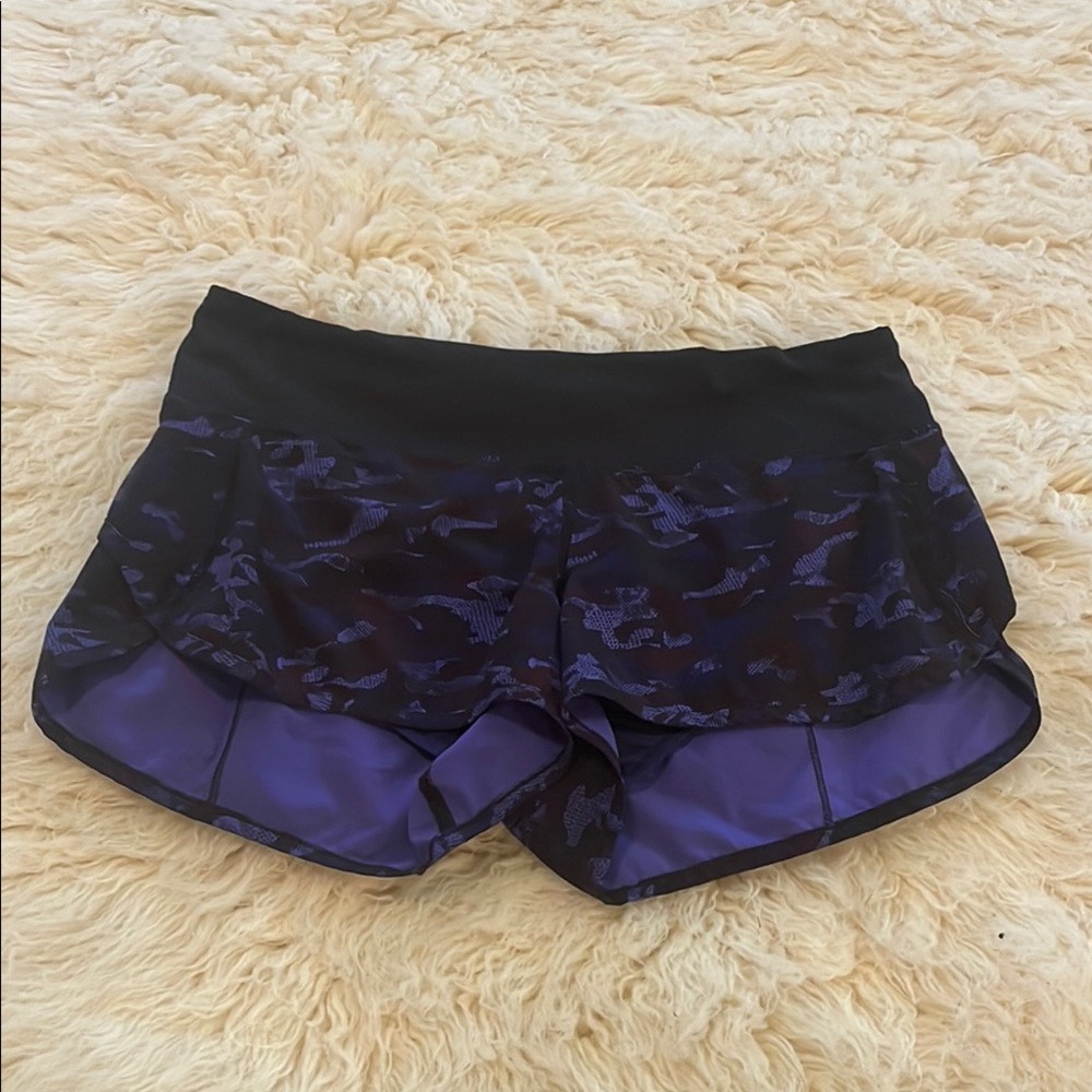 Lululemon speed shorts, size 6, 3” inseam, blue camo